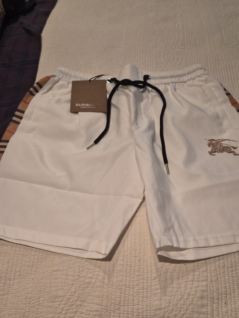 Burberry White Swim Shorts with Black Drawstring and Vintage Check Trim
